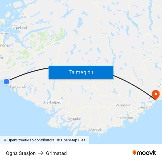 Ogna Stasjon to Grimstad map