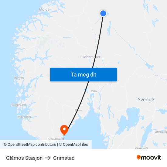 Glåmos Stasjon to Grimstad map