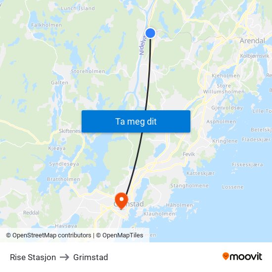 Rise Stasjon to Grimstad map