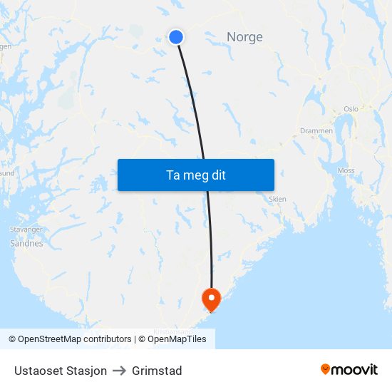 Ustaoset Stasjon to Grimstad map