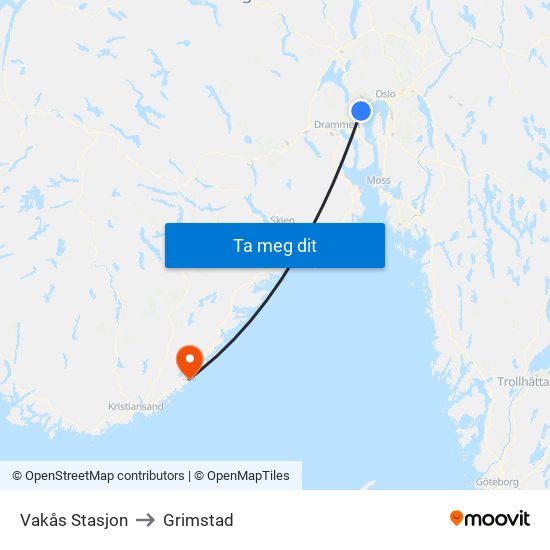 Vakås Stasjon to Grimstad map