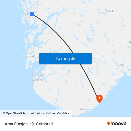 Arna Stasjon to Grimstad map