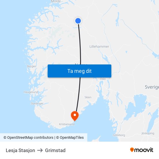 Lesja Stasjon to Grimstad map