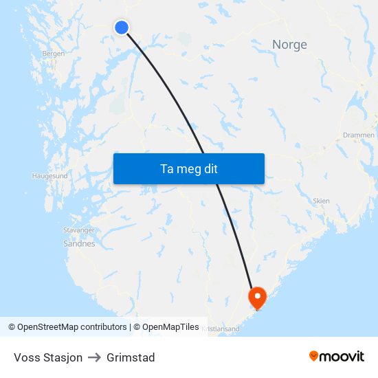 Voss Stasjon to Grimstad map
