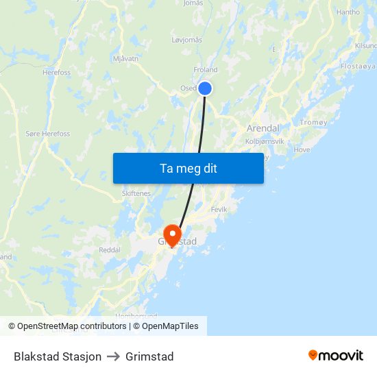Blakstad Stasjon to Grimstad map