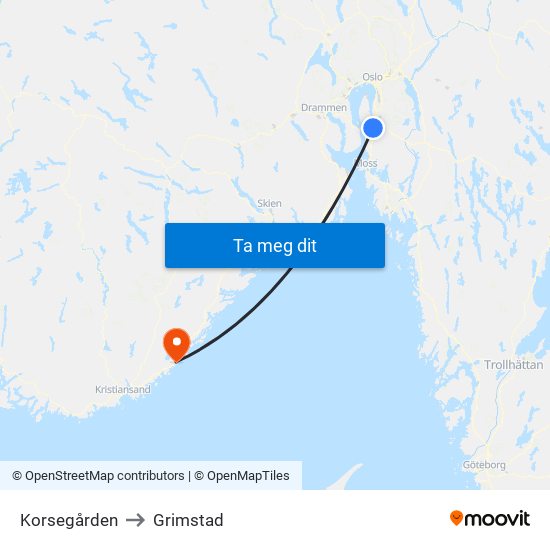 Korsegården to Grimstad map