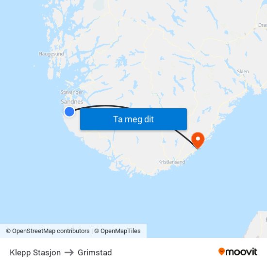 Klepp Stasjon to Grimstad map