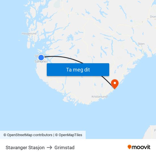 Stavanger Stasjon to Grimstad map