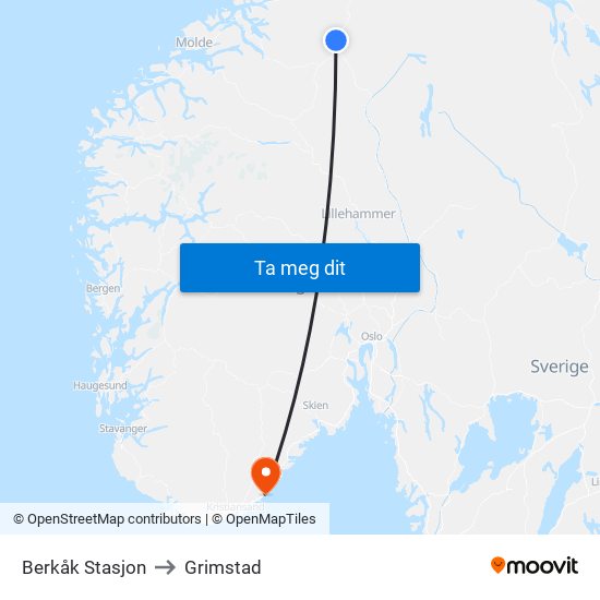 Berkåk Stasjon to Grimstad map