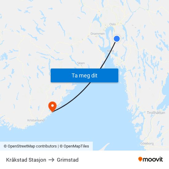 Kråkstad Stasjon to Grimstad map
