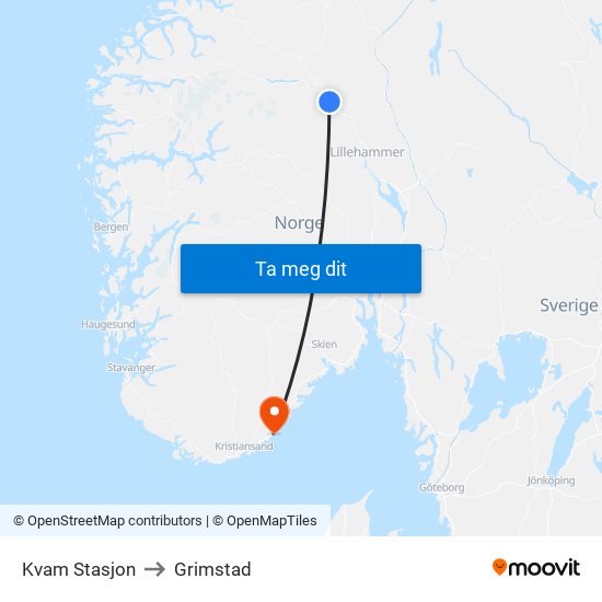 Kvam Stasjon to Grimstad map