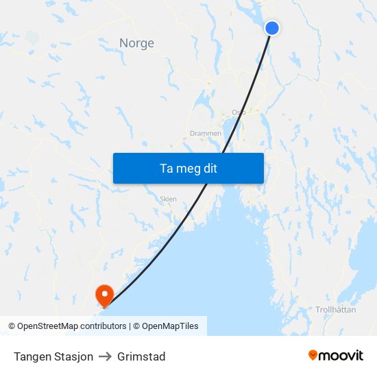 Tangen Stasjon to Grimstad map