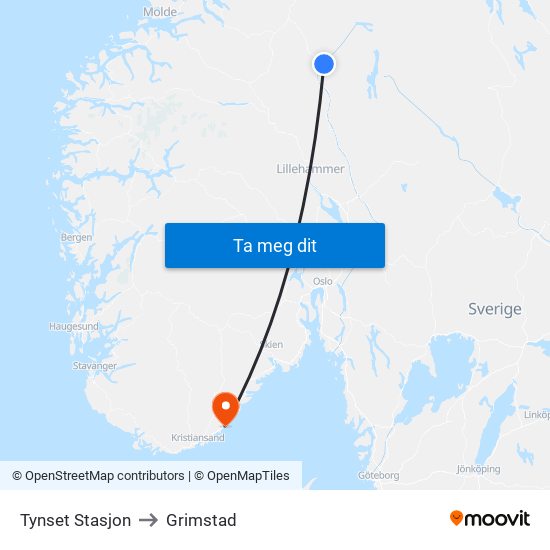 Tynset Stasjon to Grimstad map