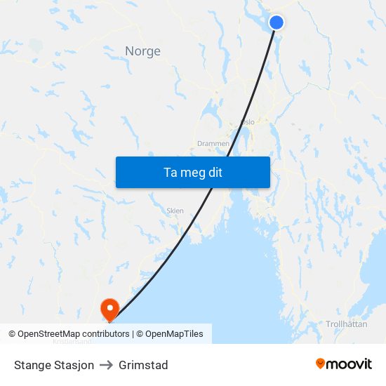 Stange Stasjon to Grimstad map