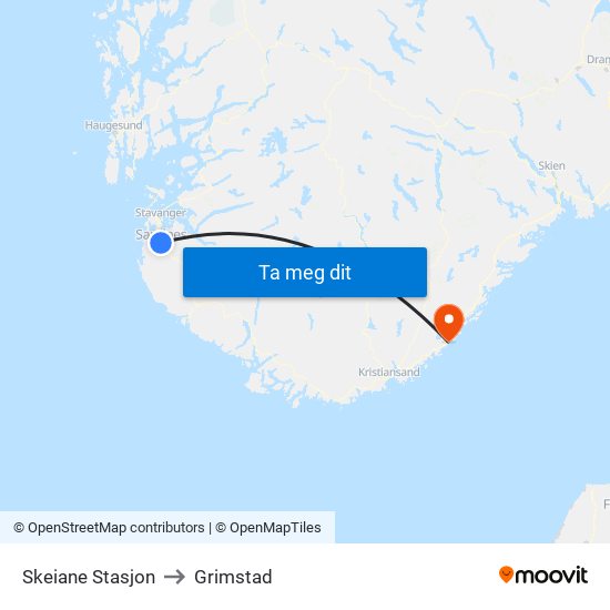 Skeiane Stasjon to Grimstad map
