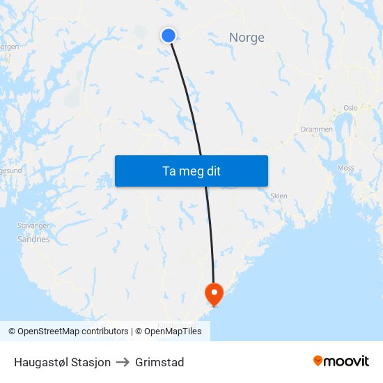 Haugastøl Stasjon to Grimstad map