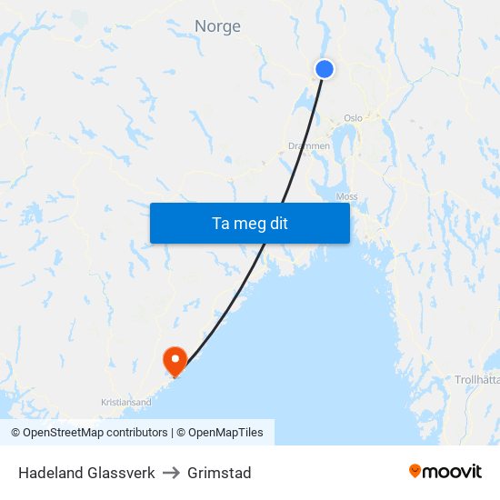 Hadeland Glassverk to Grimstad map