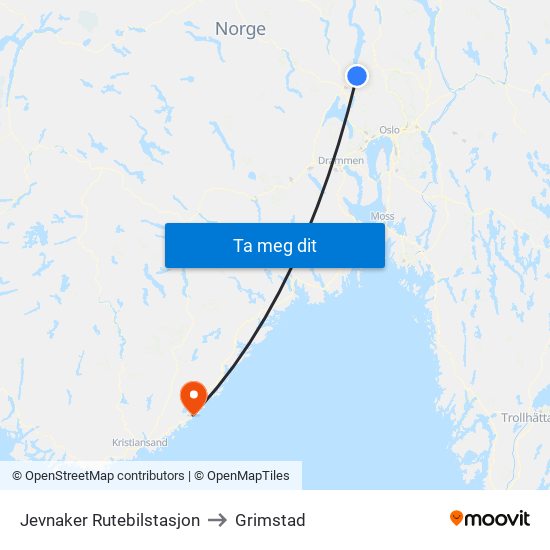 Jevnaker Rutebilstasjon to Grimstad map