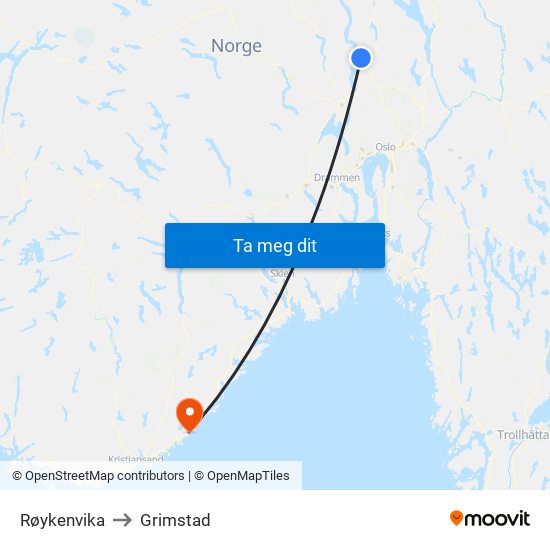 Røykenvika to Grimstad map