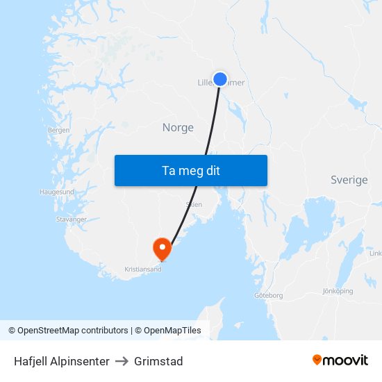 Hafjell Alpinsenter to Grimstad map