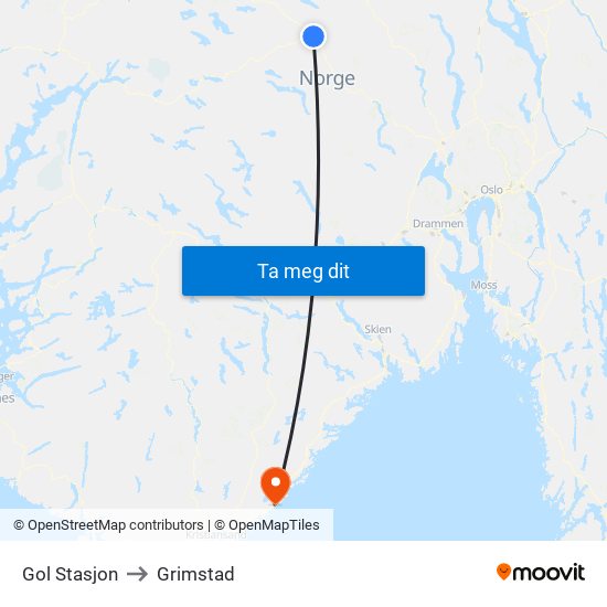 Gol Stasjon to Grimstad map