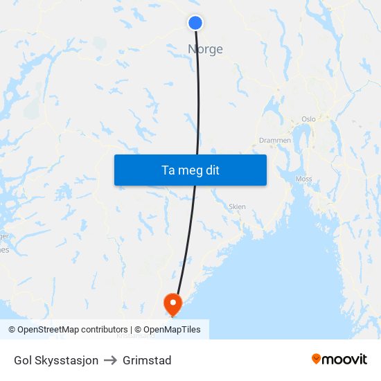 Gol Skysstasjon to Grimstad map