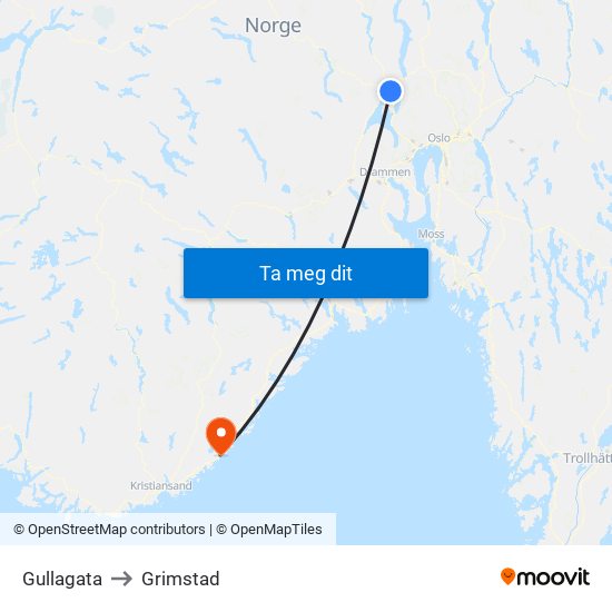 Gullagata to Grimstad map