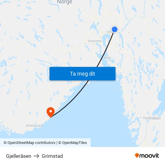 Gjelleråsen to Grimstad map