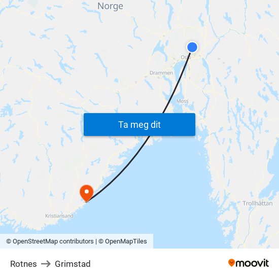 Rotnes to Grimstad map