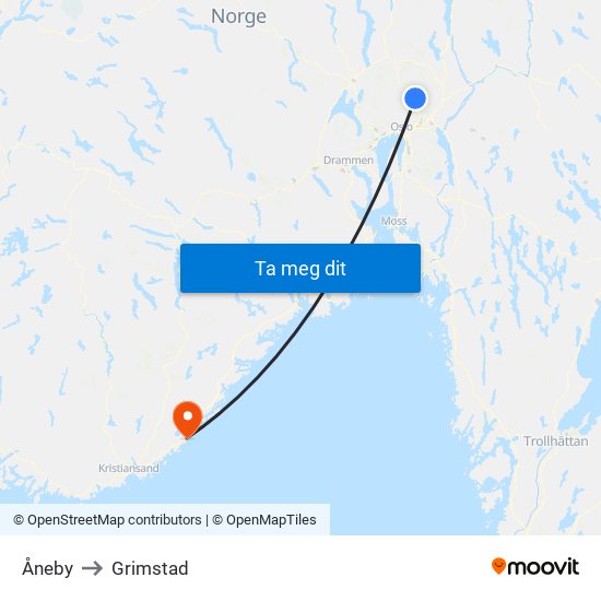 Åneby to Grimstad map