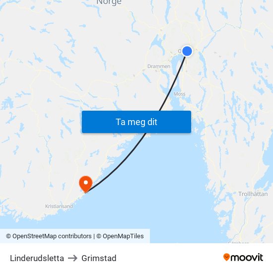 Linderudsletta to Grimstad map