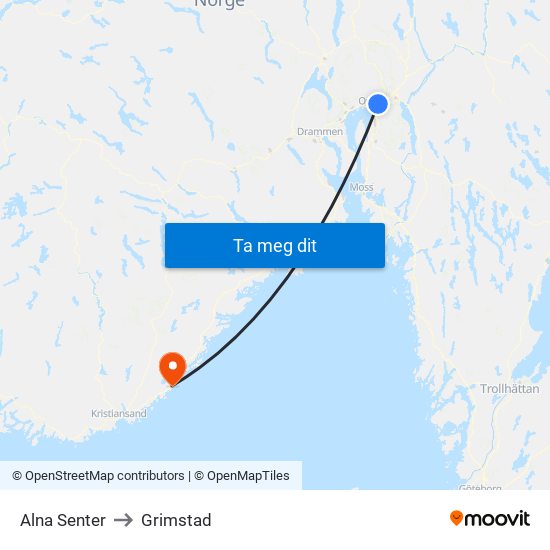 Alna Senter to Grimstad map