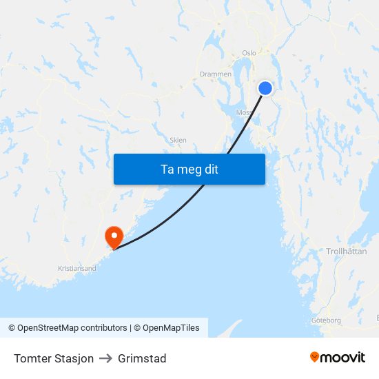 Tomter Stasjon to Grimstad map