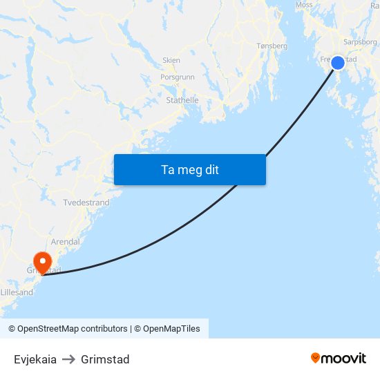 Evjekaia to Grimstad map