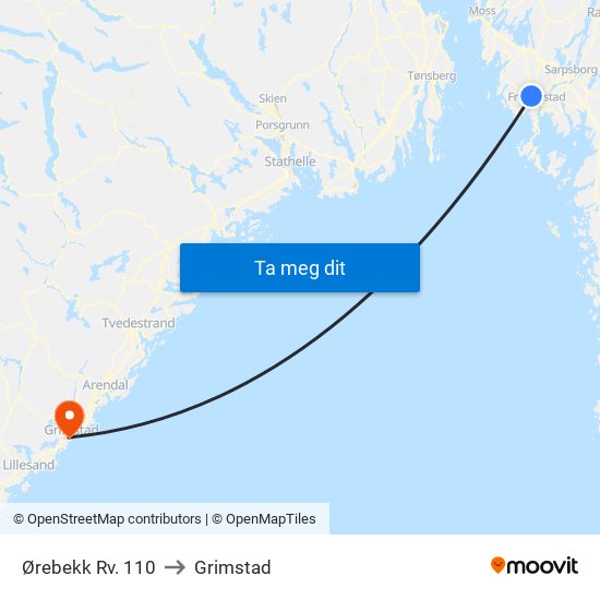 Ørebekk Rv. 110 to Grimstad map