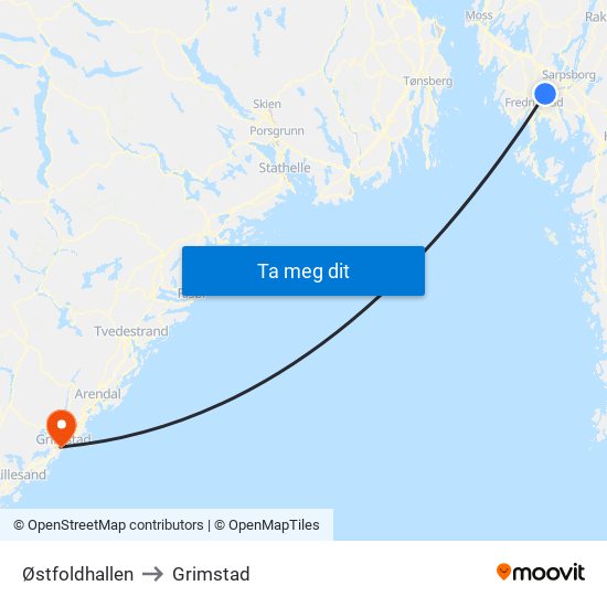 Østfoldhallen to Grimstad map