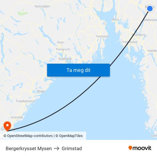 Bergerkrysset Mysen to Grimstad map