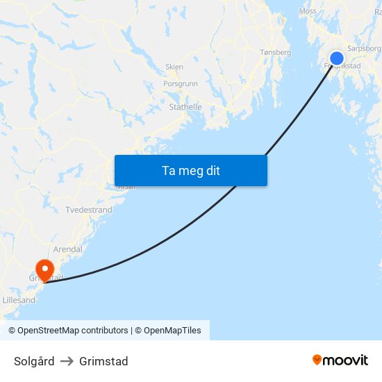 Solgård to Grimstad map