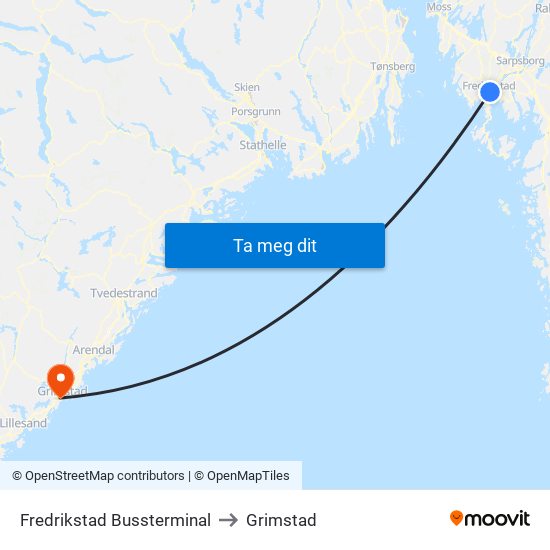 Fredrikstad Bussterminal to Grimstad map