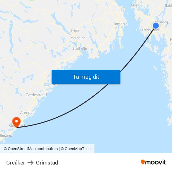 Greåker to Grimstad map