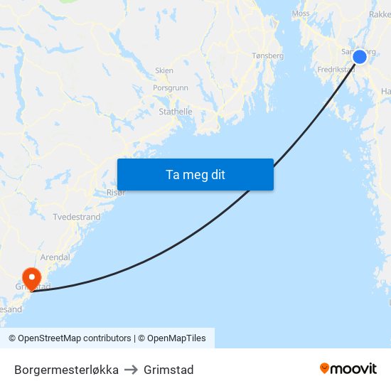 Borgermesterløkka to Grimstad map