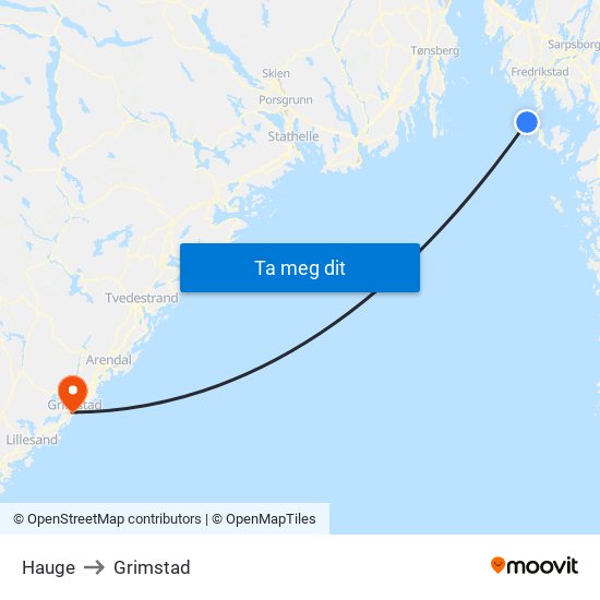 Hauge to Grimstad map