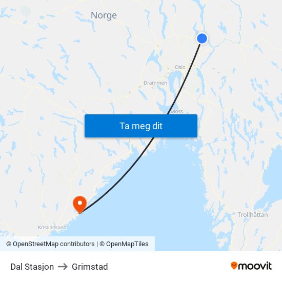 Dal Stasjon to Grimstad map