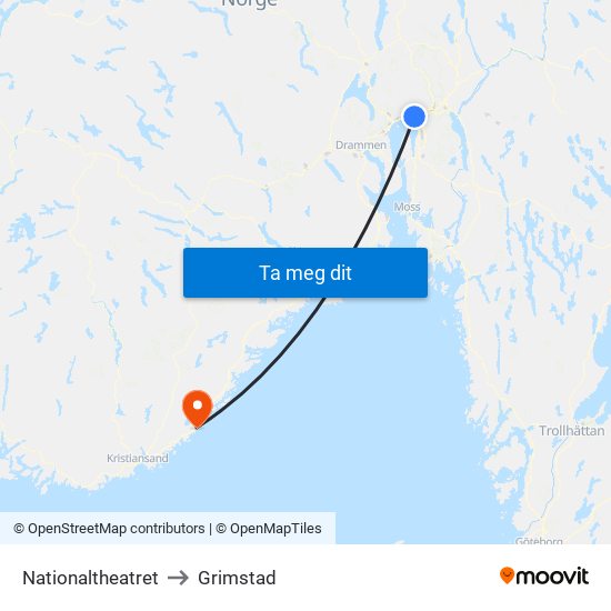 Nationaltheatret to Grimstad map