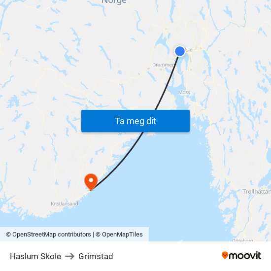 Haslum Skole to Grimstad map