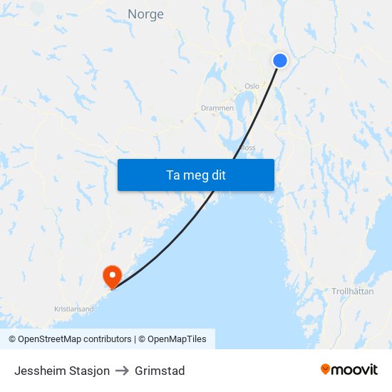 Jessheim Stasjon to Grimstad map