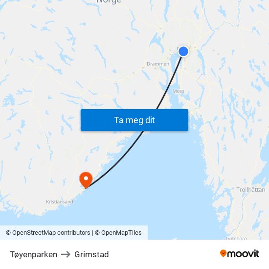 Tøyenparken to Grimstad map