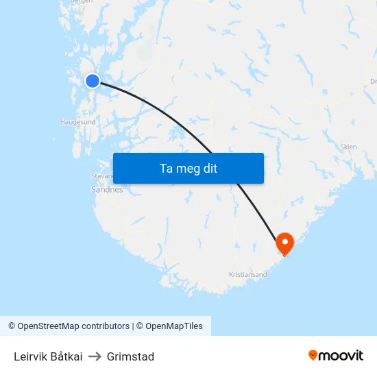 Leirvik Båtkai to Grimstad map