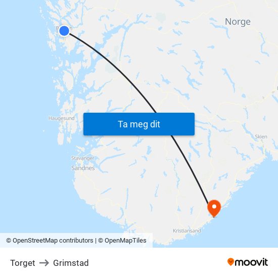 Torget to Grimstad map