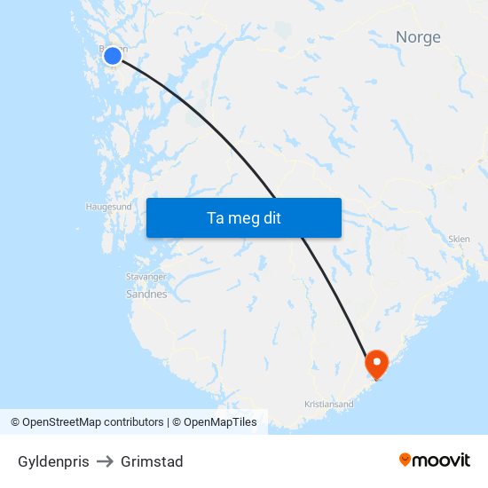 Gyldenpris to Grimstad map